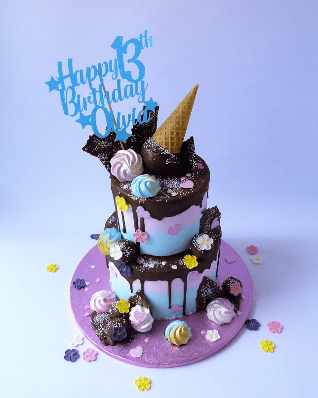 2 tier Ice Cream Cone Chocolate Drip Birthday cake