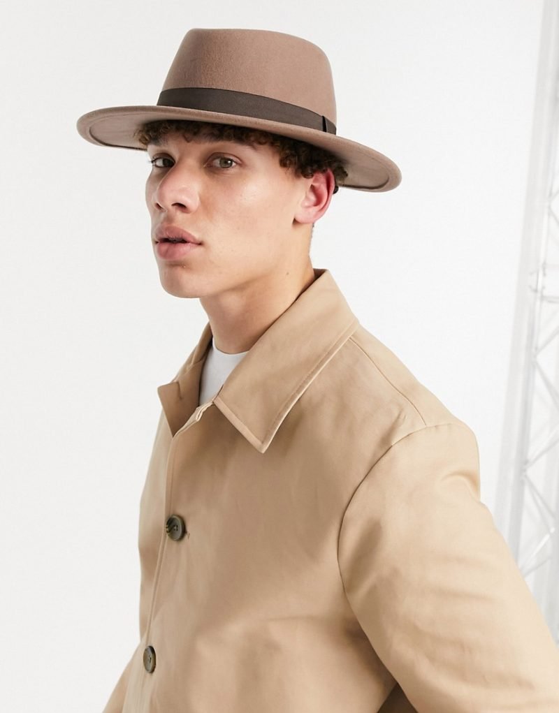 ASOS DESIGN wide brim pork pie hat in camel with band and ...