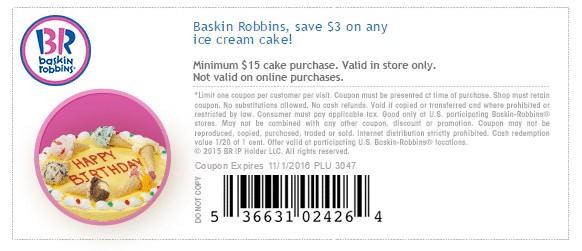 Baskin Robbins Coupon: $3 Off Any $15 Ice Cream Cake