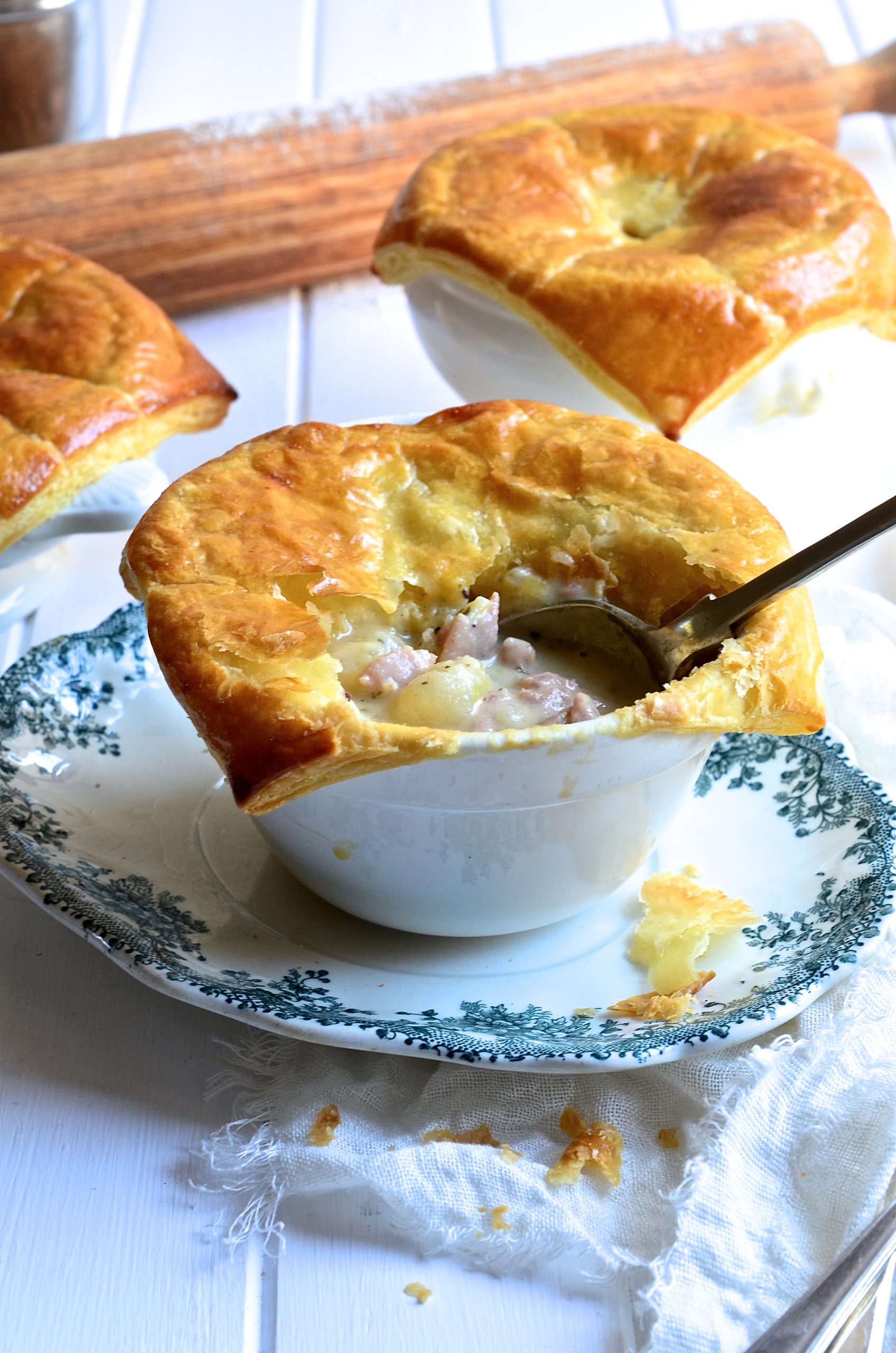 Chicken pot pies with leeks and bacon