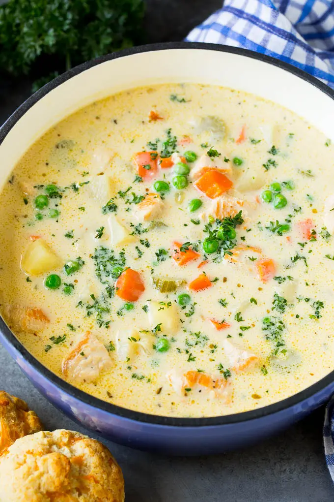 Creamy chicken pot pie soup served with biscuits on the ...