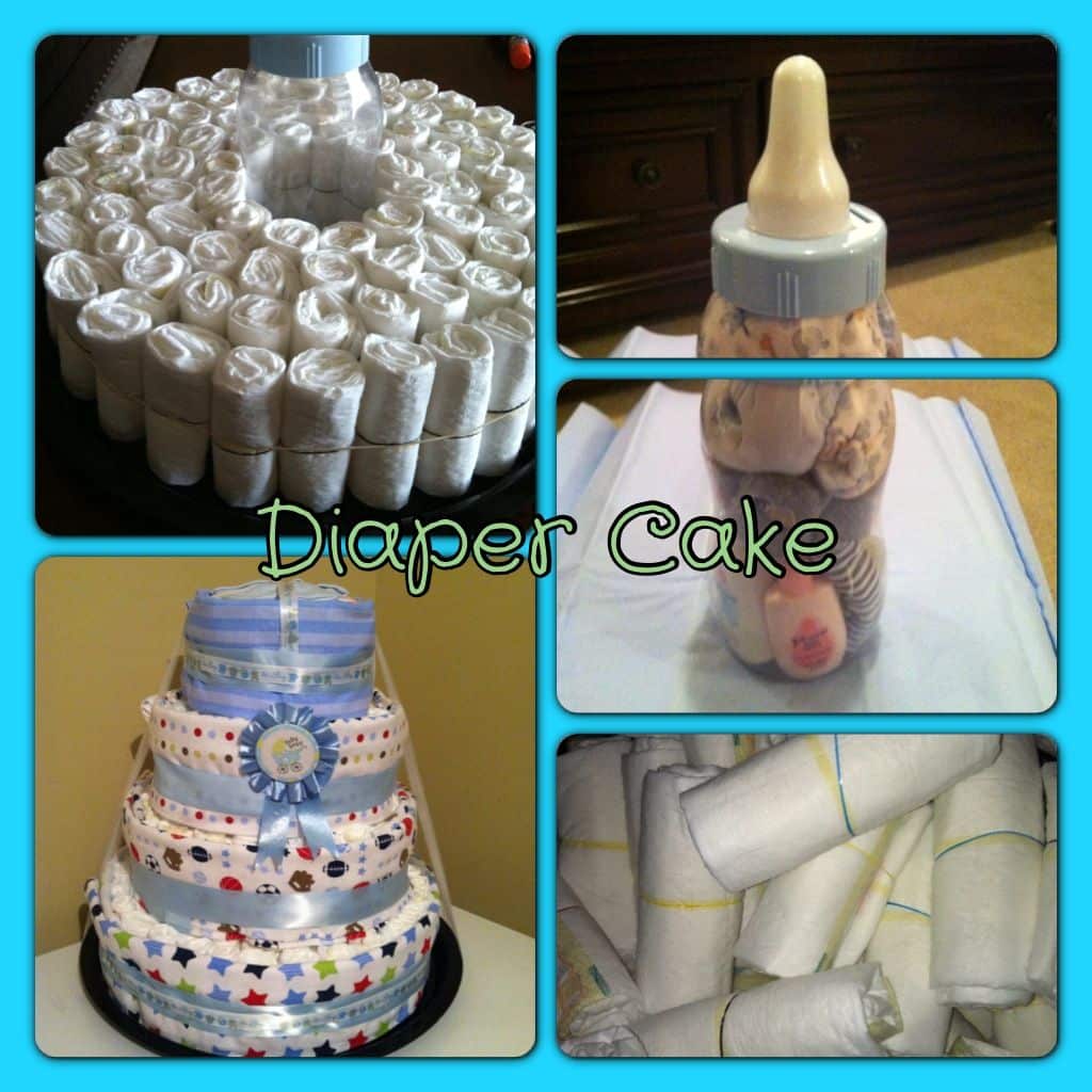 Diaper Cake for Boy...rolled diapers around a bottle bank, wrapped with ...